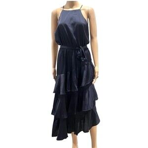 Petal & Pup Women Seychelles Asymmetrical Sleeveless Midi Navy Satin Dress Sz 8